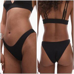 Topshop High Cut Cheeky Ribbed Bikini Bottom in Black Size 12 NWT